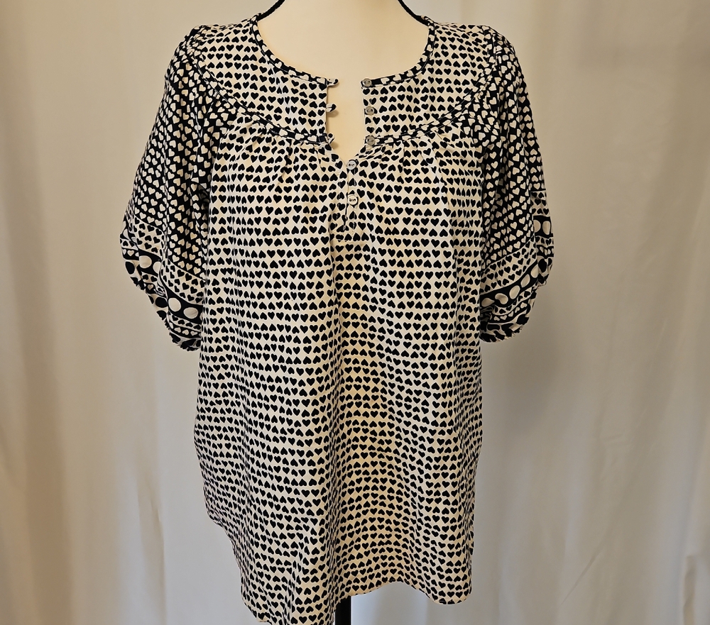 LOFT Navy And Off White Heart Print Blouse, S